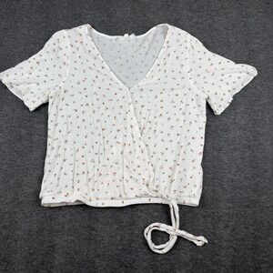 Pink Rose Wrap Top Women S White Floral V-Neck Short Sleeve Side Tie PS0W10171